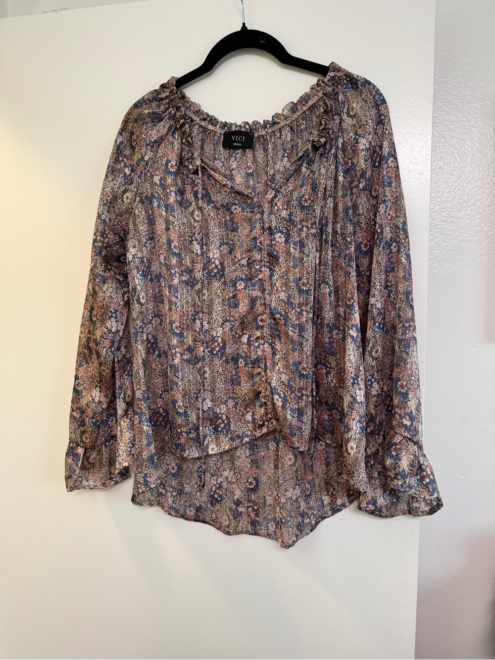 VICI Floral Peasant Blouse in Blue and Brown Tones